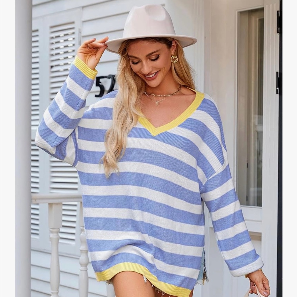 Striped V-Neck Sweater - Blue and White